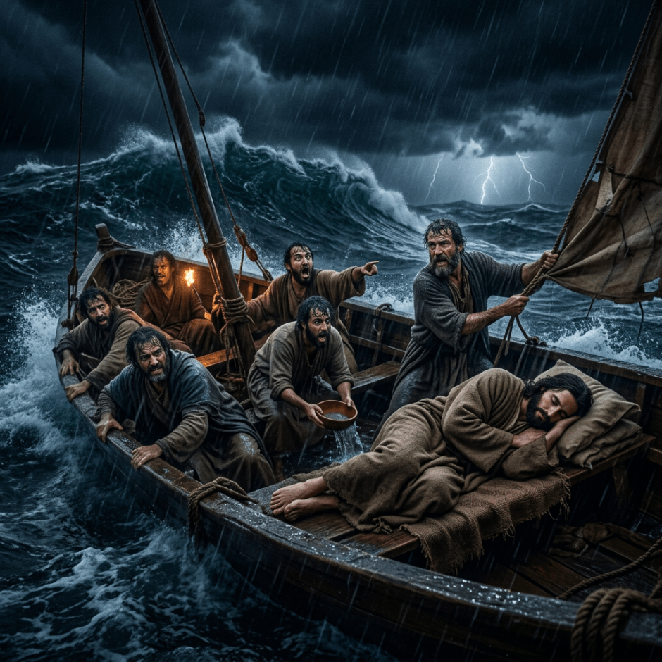 Jesus sleeping in stormy boat, panicking disciples